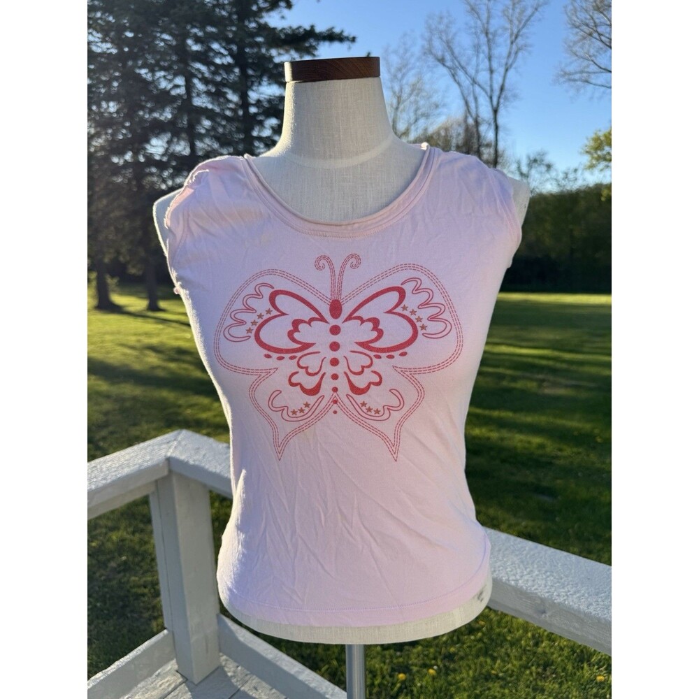 M-O-T-O Y2K Butterfly Pink Sparkle Graphic Cutoff Sleeve Tanktop